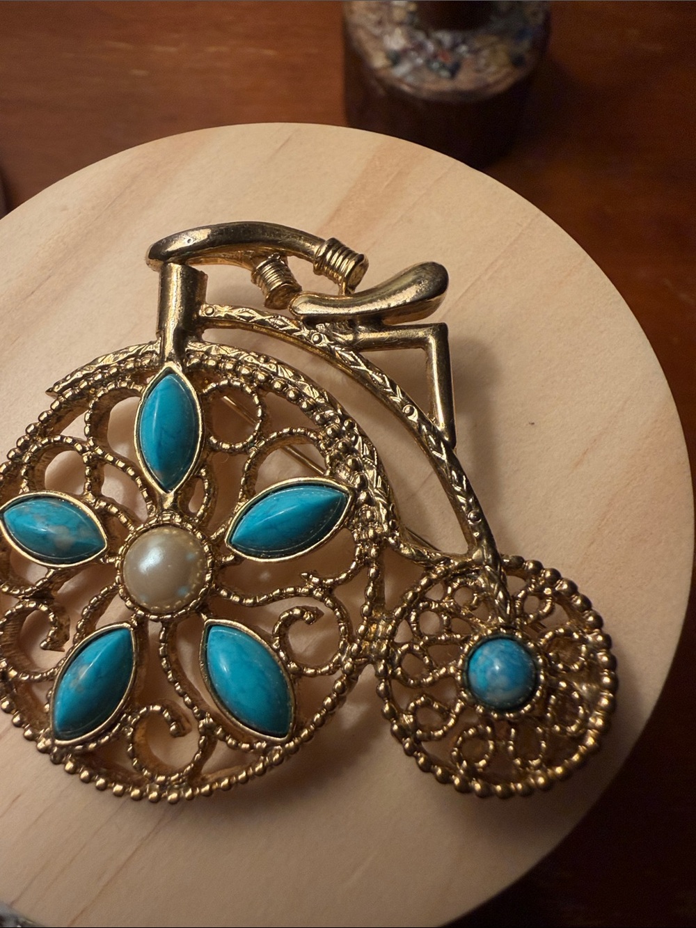 Vintage Gold Floral Turquoise Bicycle Brooch- 1991